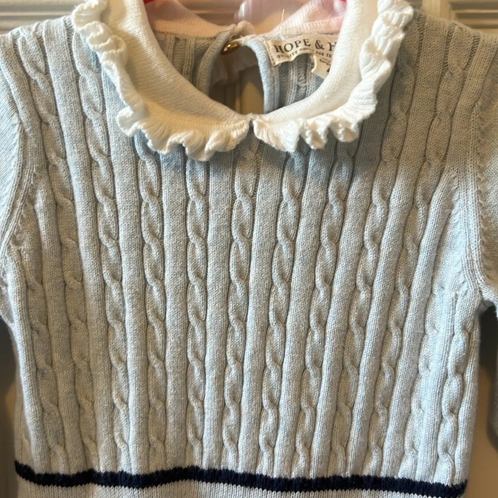 Classic Cable Knit Light Blue Girls' Dress with Ruffled Collar